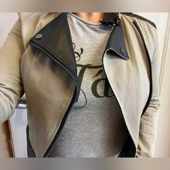 DOMA Moto Jacket CONVERTIBLE Leather Khaki Panel Zipper Coat Cropped Blazer Top - Picture 5 of 17